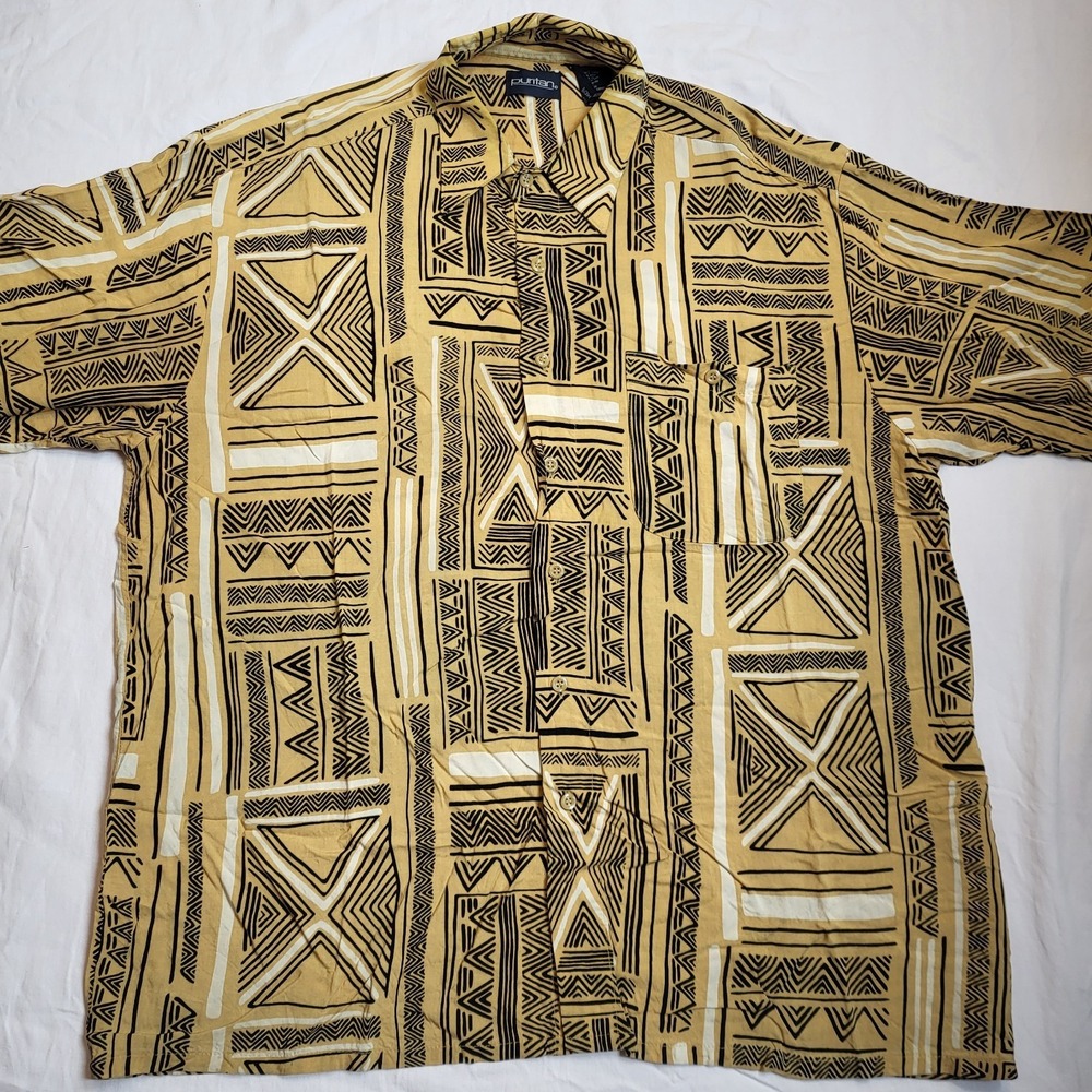 Puritan Men's Shirt Short Sleeve Button-Up "Large" Brown 100% Rayon